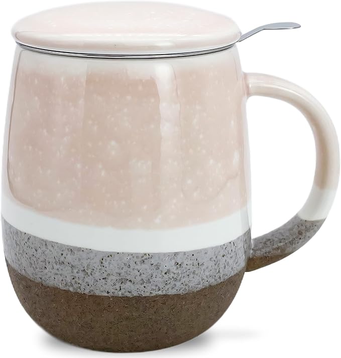 13.5 OZ Reactive Glaze Tea Mugs with Infuser and Lid, Loose Leaf Tea Infuser Cup, Ceramic Steeping Teacup with Filter for Single, Microwave & Dishwasher Safe, Pink