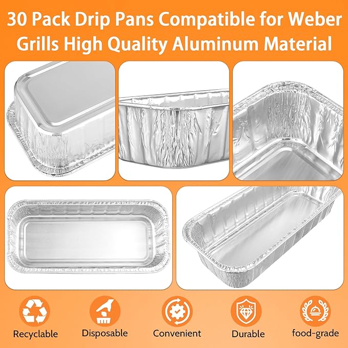 30 Pack Grill Drip Pans, 11 x 5 Inch Aluminum Foil Grease Catcher Cup Liner Compatible with Weber SmokeFire EX4/EX6/EPX6, Summit & Genesis II 400/600 Series