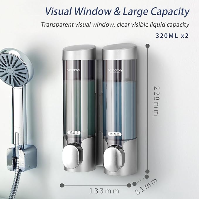 2 in 1 Shampoo and Conditioner Dispenser, 2320 ml Shower Wall Mounted Shampoo and Body Wash Dispenser for Bathroom and Hotel (2 Chamber + Silver)