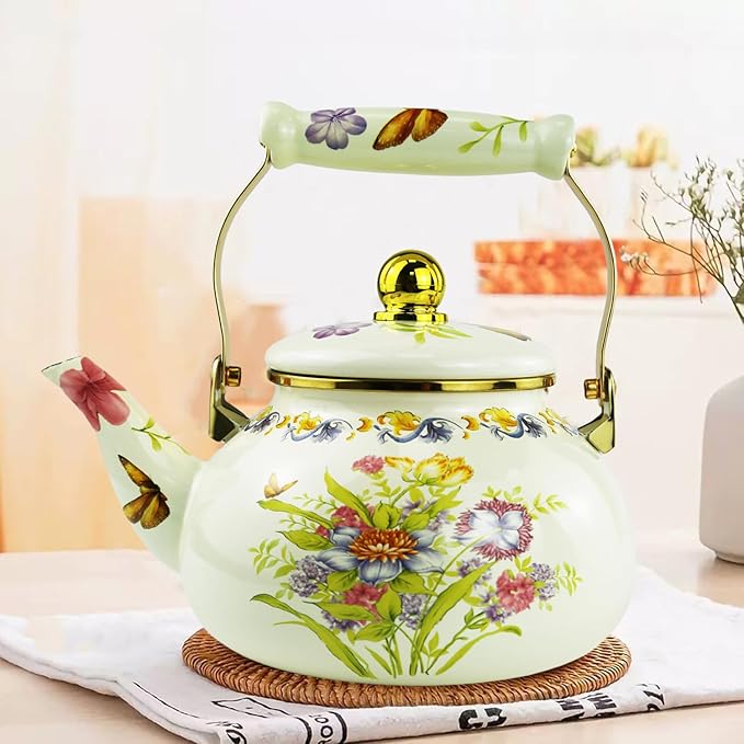 Floral Enamel Tea Kettle Vintage Teapot Colorful Boho Hot Water Bohemian Plant Flowers Print Coffee Kettle Pot 2.5L Porcelain Tea Pot for Stovetop Kitchen Decor