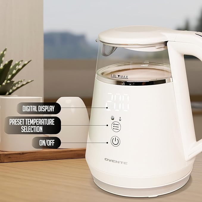 OVENTE Electric Kettle with 5 Temperature Control Presets, LED Digital Display, 5Hr Keep Warm Function, Auto Shut-Off and Boil Dry Protection, 1500W BPA Free Glass Water Heater and Boiler, White KD95W