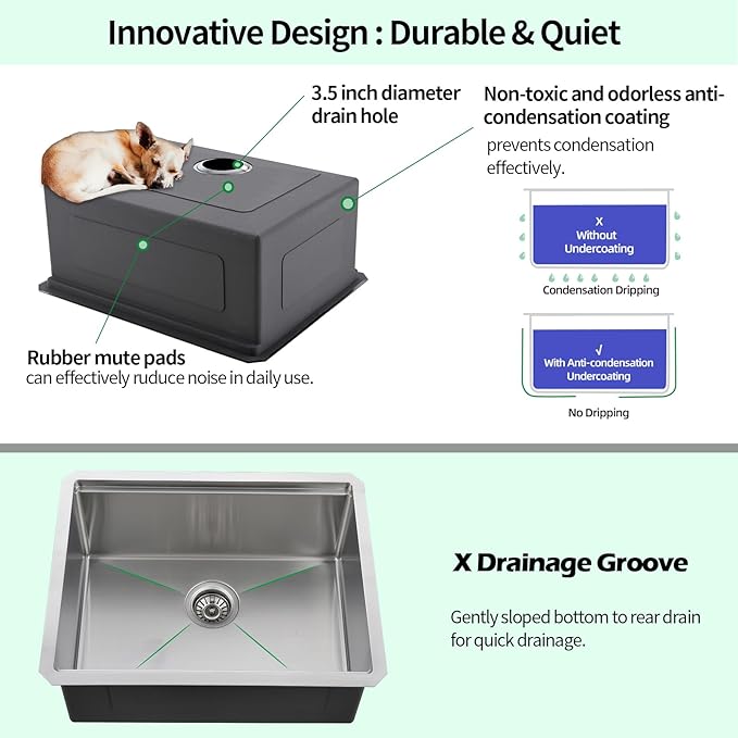 Undermount Kitchen Sink, 24 x 19 Inch Sink Kitchen 16 Gauge Stainless Steel Kitchen Sinks Single Bowl Workstation Sink with Cutting Board