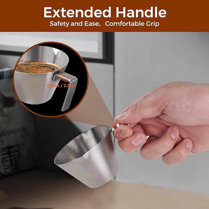 2Pcs Stainless Steel Espresso Cup, Double Spout Metal Espresso Measuring Cup with Handle, 3.4oz/100ml V-Shaped Mouth with Dual Scale (Black+White)