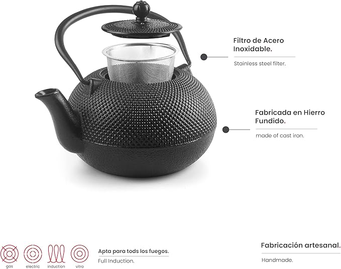 IBILI 40 Oz Cast Iron Teapot with Infuser | Made in Spain | Hammered Texture, Enameled Interior, Stovetop & Induction Compatible, Japanese Kettle for Loose Leaf Tea, Tetsubin Design, Black