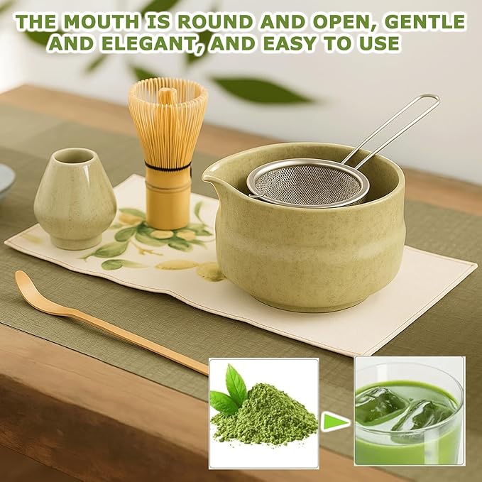 Matcha Whisk Set, Ceramic Matcha Set Includes Matcha Bowl, Matcha Whisk and Holder, Bamboo Scoop, Sifter and Tea Towel - 7 Pcs Matcha Kit for Matcha Lovers