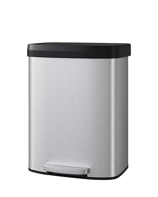 Garvee 16 gal / 60 L Stainless Steel Trash Can with Lid, Large Garbage Can for Kitchen, Rustproof Step-on Kitchen Metal Trash Bin with Liner Rim, Rear Handle, Soft Close Plastic Lid, Silver