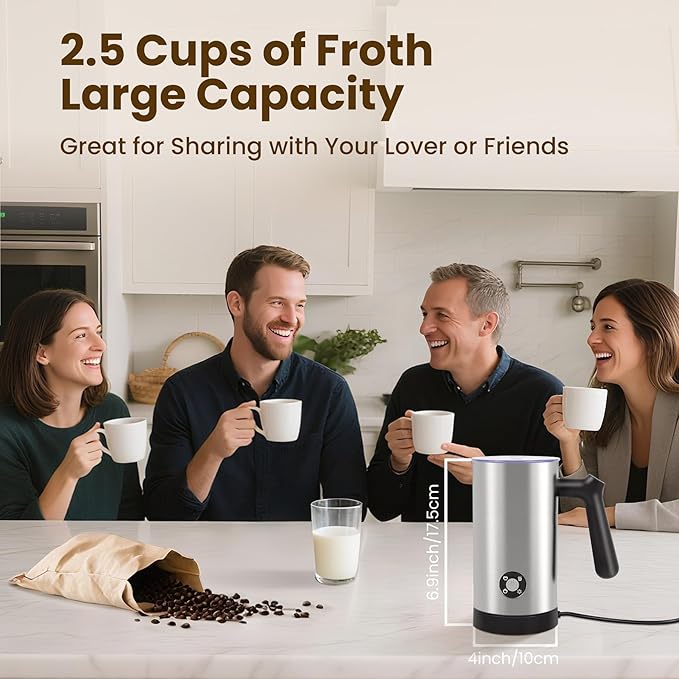 Milk Frother, 4-in-1 Milk Frother and Steamer, 10.6oz Electric Milk Steamer, Automatic Cold and Hot Foam maker for Lattes, Cappuccinos, Ceramic Lining Interior, Brushed
