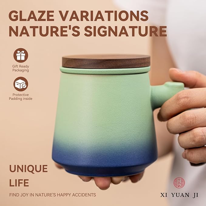 Tea Cup with Infuser and Lid 14oz - Kiln-Fired Ceramic Mug with Turquoise-Blue Gradient, Wood Lid & Handle Loose Leaf Tea Set, Anniversary Birthday Gift