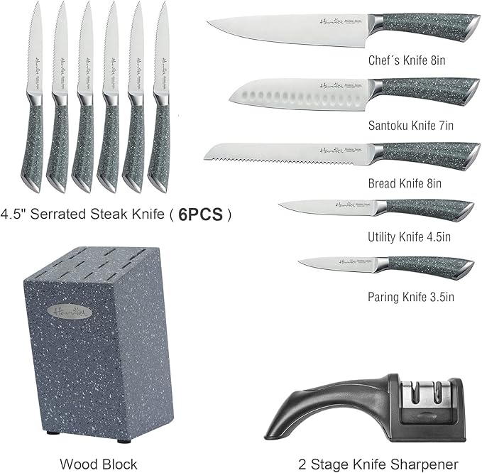 Harriet 13-Piece Knife Block Set with Sharpener | German Stainless Steel, Rustproof & Non-Stick | Includes Chef, Santoku, Bread & Steak Knives | Marble Finish Block
