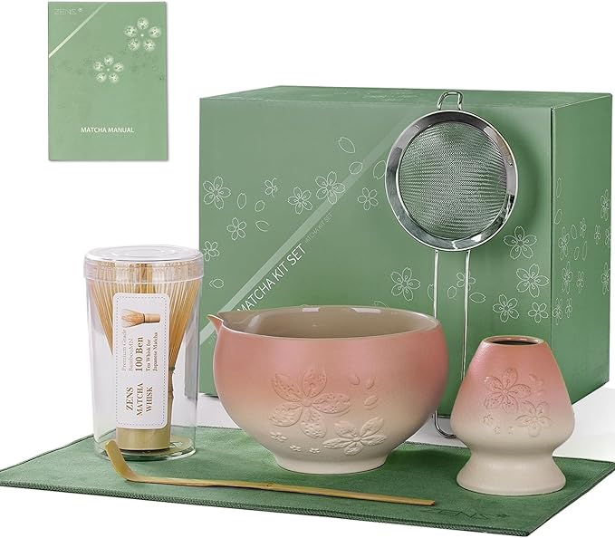 ZENS Matcha Whisk Set, Pink Ceramic Matcha Bowl with Embossed Sakura, 6pcs Matcha Tea Kit Includes Bamboo Whisk, (Chasen Holder) Scoop & Sifter, Tea Towel for Matcha Ceremony, Pink