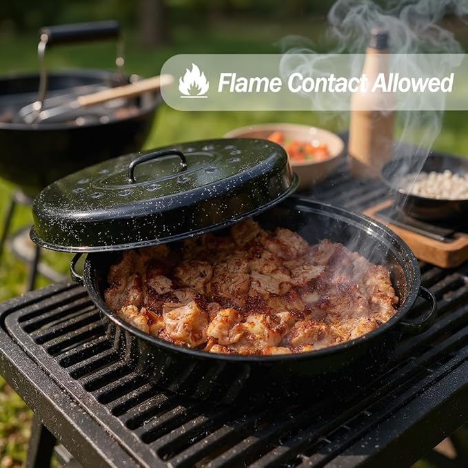 Large Roasting Pan with Lid and Rack 19"Granite Turkey Roaster Pan Set Enameled Steel Design Suitable for Turkey Versatile Cooking Barbecuing,Dishwasher Safe Cookware Holiday Gifts