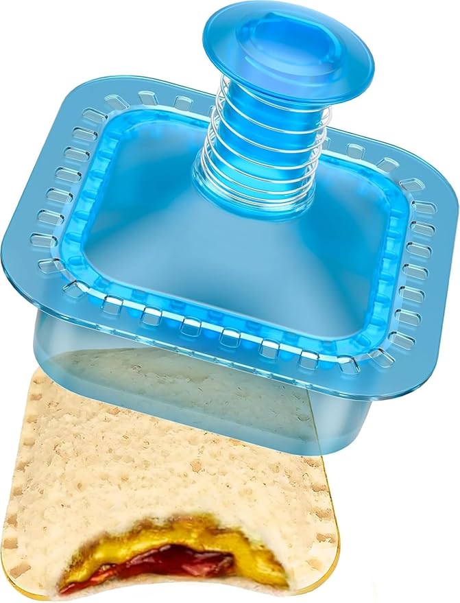 Sandwich Cutter and Sealer Cut and Seal Sandwich Maker, Crustless Peanut Butter & Jelly Sandwich Cookie Cutter (Translucent Blue Square)