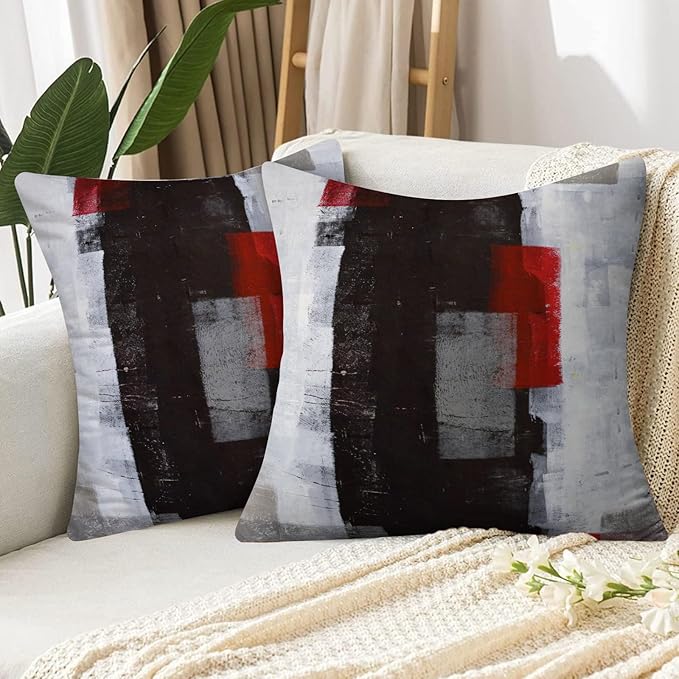 Red and Grey Pillow Cover, Modern Black White Decorative Throw Pillow Cushion Cover for Bedroom Sofa Living Room 20 x 20 Inch Set of 2