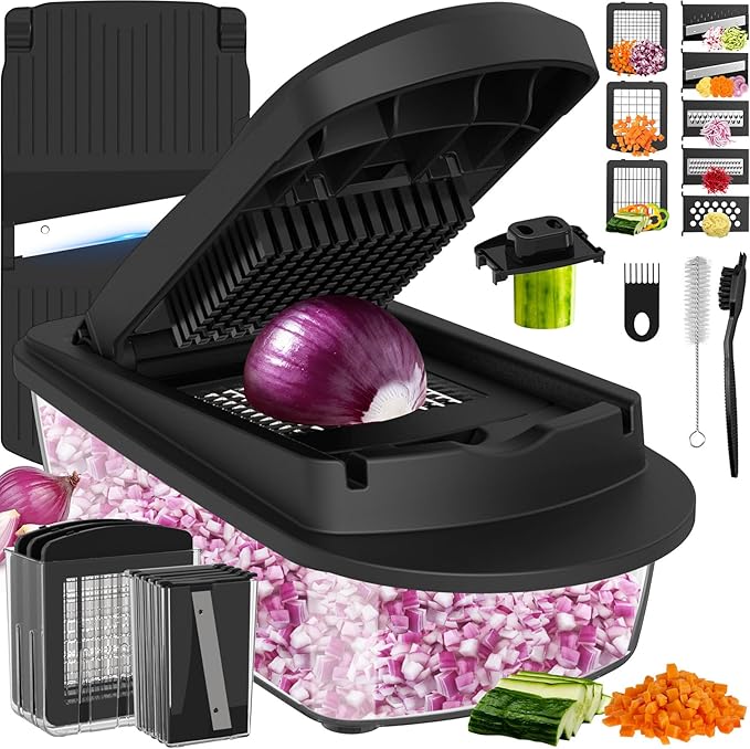 8 Blade All-in-1 Vegetable Chopper Mandoline Slicer with Container, Food Chopper, Onion Chopper, Veggie Cutter for Salad, Kitchen Gadgets Accessories Essentials, Black