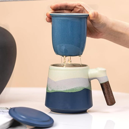 Tea Cup with Infuser and Lid 15oz - Kiln-Transformed Ceramic Mug with Mountain Pattern, Wood Handle Loose Leaf Tea Set, Anniversary Birthday Gift