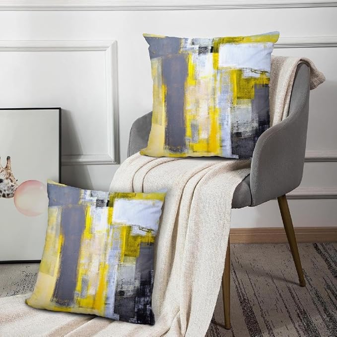 Yellow and Grey Abstract Art Artwork Pillow Cover, Gallery Modern Decorative Throw Pillows Cushion Cover for Bedroom Sofa Living Room 22 x 22 Inch Set of 2