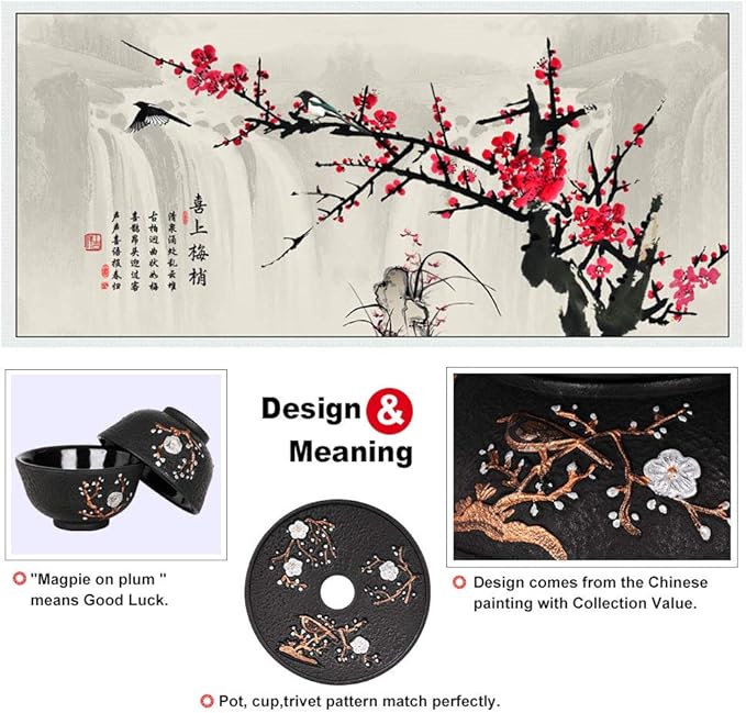 Cast Iron Teapot with Tea Cups Trivet Japanese Style Tetsubin Tea Kettle with Infuser Iron Tea Set Gift for Adult Father Mother Family (Black,Magpie on the Plum Design)