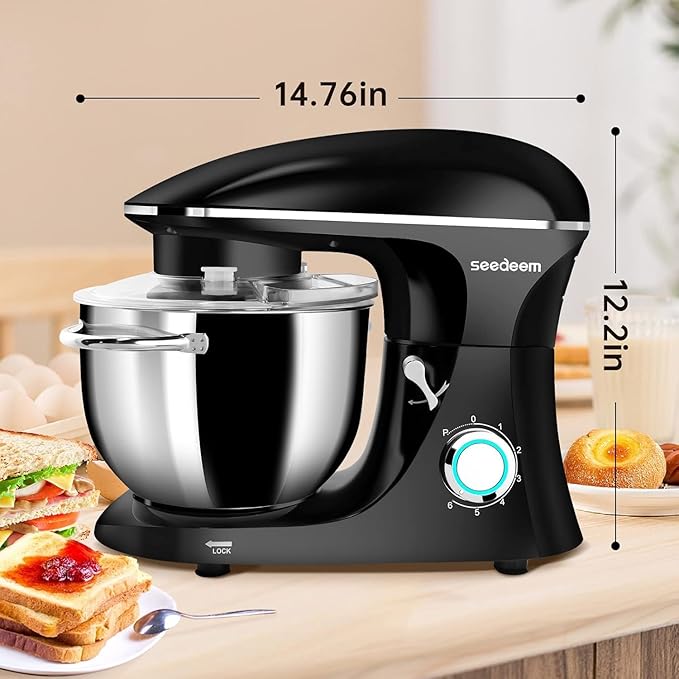 Seedeem 6.5QT Stand Mixer, 660W Tilt-Head Kitchen Electric Mixer with 6 Speeds, Dough Hook, Beater & Whisk, Dishwasher Safe Attachments, Black