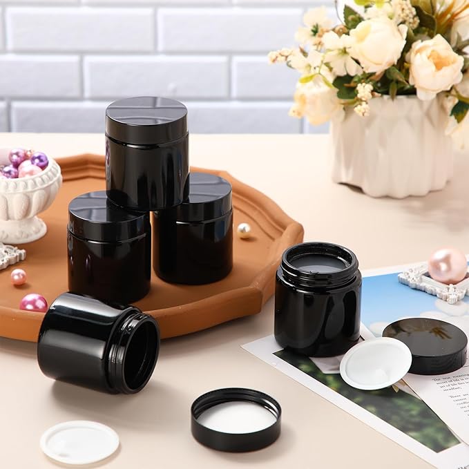 Norme 48 Pcs 4 oz Glass Jars with Lids Leakproof Round Airtight Empty Cosmetic Jars with Inner Liners Lid for Storing Lotions Powder Ointments Candle Making Tins (Black)
