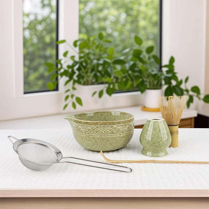 Japanese Matcha Whisk Set, 5-Piece Ceramic Chawan Bowl & Bamboo Whisk (Chasen) Kit | Complete Set for Traditional Matcha Making at Home, Ideal Gift for Tea Lovers (Green)