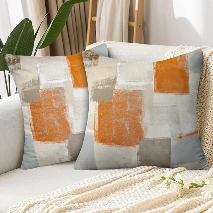 Orange and Grey Abstract Art Artwork Pillow Cover, Gallery Modern Decorative Throw Pillows Cushion Cover for Bedroom Sofa Living Room 24 x 24 Inch Set of 2