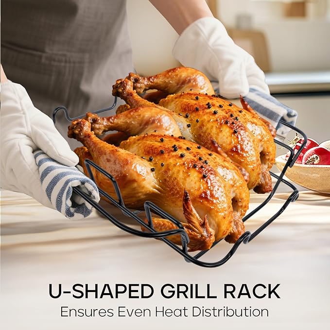 Nonstick Turkey Roasting Pan with Rack - 17×13.6 Inch Large Turkey Roaster Pan For Oven - Double-Ply Clad NonStick Roasting Pan For Roasting Chicken, Meats and Vegetables（Dark Gray）