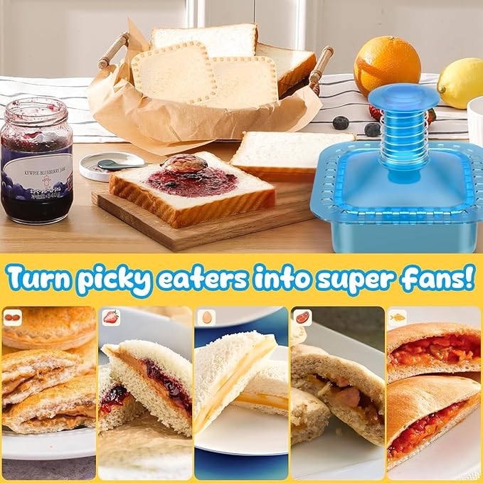 Sandwich Cutter and Sealer Cut and Seal Sandwich Maker, Crustless Peanut Butter & Jelly Sandwich Cookie Cutter (Translucent Blue Square)
