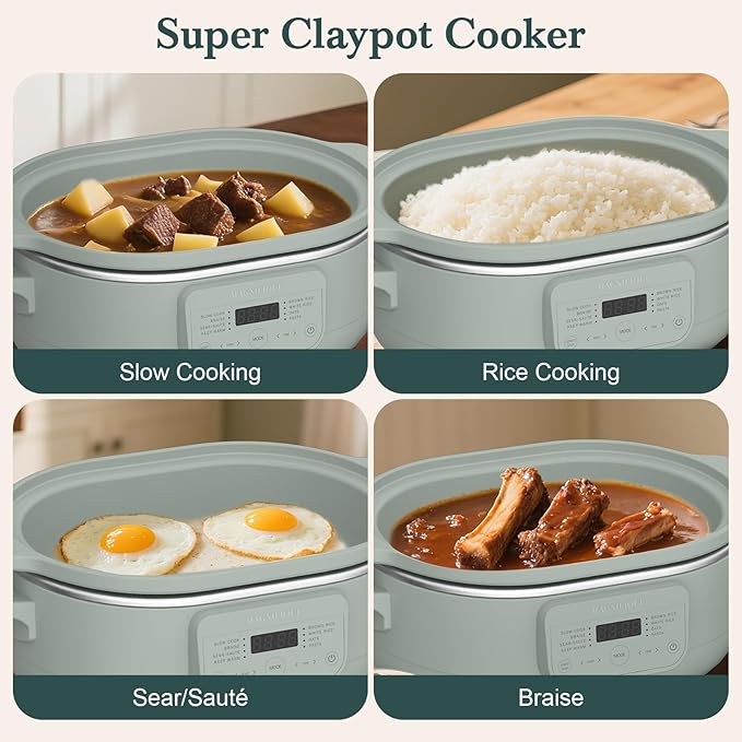 MAGNIFIQUE 4 Quart Claypot Multi-Cooker, with 8-in-1 Casserole Programmable Slow Cooker, Dutch Oven, Pasta, Nonstick Oven Safe Pot to 450°F, Olive