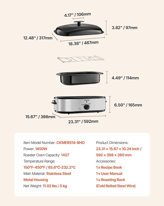 VEVOR Roaster Oven, 14QT Fast-Cooking Turkey Roaster, 150-450℉ Adjustable Temperature Electric Roasting Pan with Self-Basting Lid, Roasting Lift-Out Rack, Defrost & Warm Function, Fits 18lb Turkey