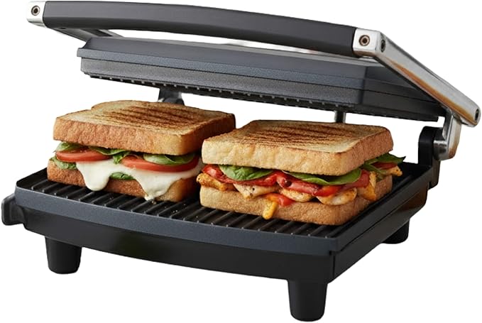 Panini Press Gourmet Grilled Cheese and Sandwich Maker - Electric Indoor Grill with Drip Tray for Healthy Cooking Options by Chef Buddy (Silver)