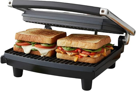Panini Press Gourmet Grilled Cheese and Sandwich Maker - Electric Indoor Grill with Drip Tray for Healthy Cooking Options by Chef Buddy (Silver)
