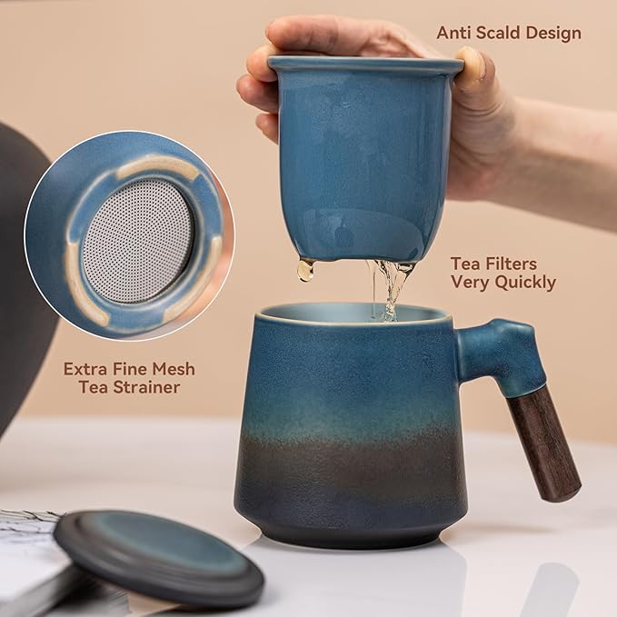 Tea Cup with Infuser and Lid 12.5oz - Kiln-Transformed Ceramic Mug with Antique Blue Gradient, Wood Handle Loose Leaf Tea Set, Anniversary Birthday Gift