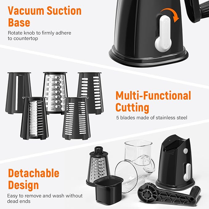 Rotary Cheese Grater Hand Crank with 5 Interchangeable Blades, Vegetable Slicer Chopper for Fruit Vegetable Nuts, Mandoline Slicer for Kitchen with Blades Rack & Suction Base, Black
