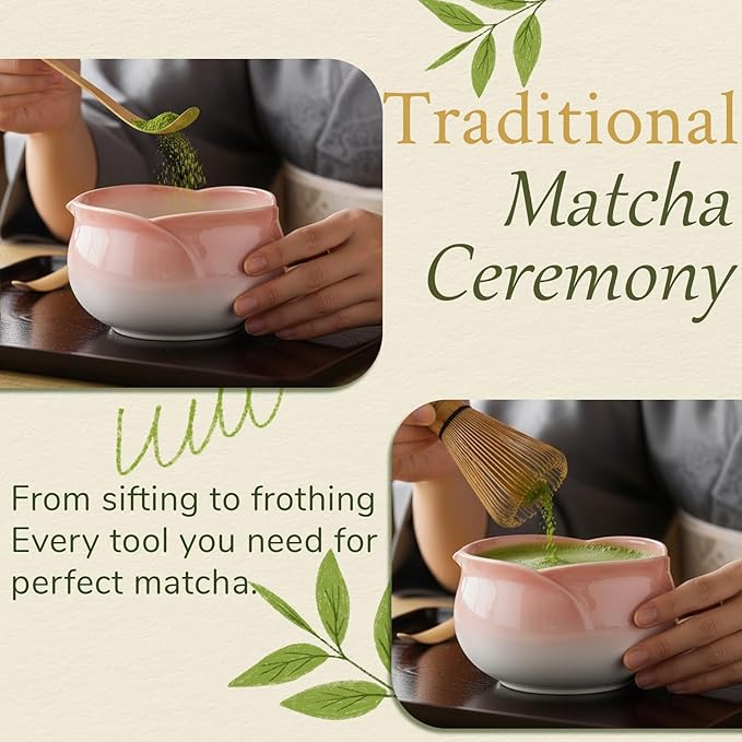8 Pcs Red Petal Matcha Set Bowl with Spout Bamboo Chasen Sifter Spoon Scoop Whisk Holder Tea Cloth Complete Matcha Making Kit（Red）