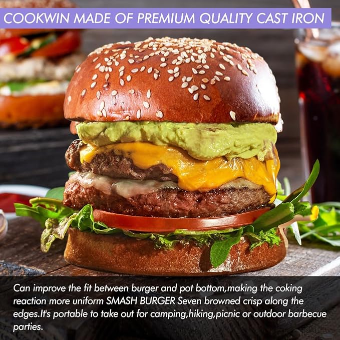 Burger Press-Heavy Duty Smash Burger Press with Heat Insulation Handle-7 Inch Cast Iron Burger Smasher,Bacon Press,Sandwich Press-Round Hamburger Press for Griddle-50 PC Patty Paper for Burger make