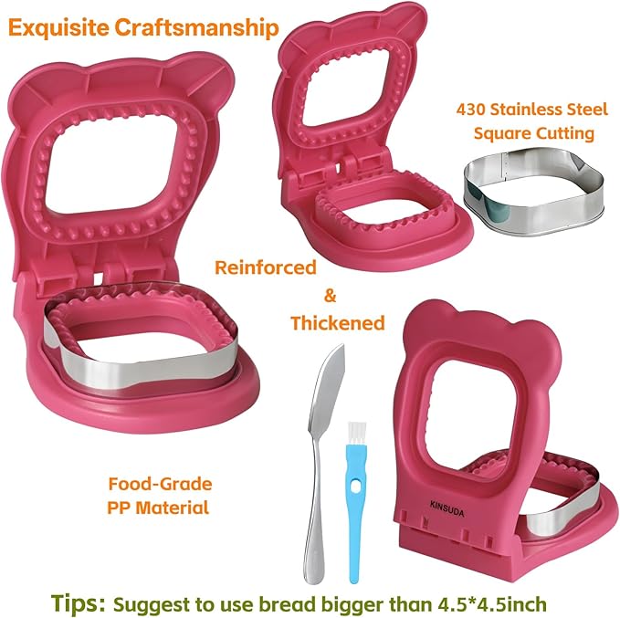 Sandwich Cutter and Sealer - 3.7" Circle & Square Pocket Sandwich Maker, Intuitive & Easy-to-Use for Boys &Girls, Perfect for Breakfast & Lunchboxes (Fuchsia, Square)