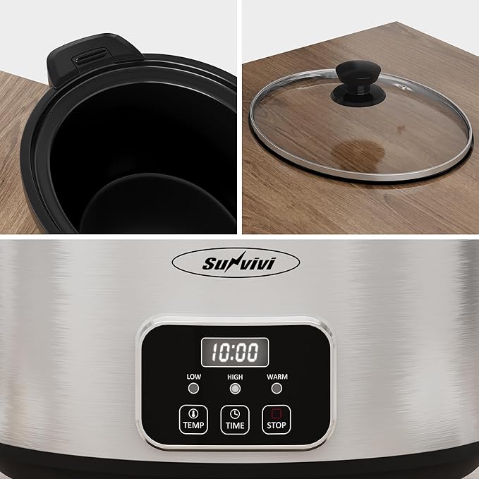 Sunvivi 4QT Programmable Slow Cooker with Locking Lid, Removable Ceramic Pot, 3 Heating Settings & Timer, Dishwasher-Safe, Stainless Steel