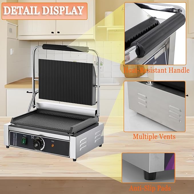 CTJ Commercial Panini Press Stainless Steel Electric Sandwich Panini Maker 2200W Countertop Panini Grill Press with Grooved Top & Temp Control for Sandwich Hamburger Steak Bacon