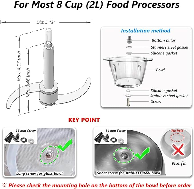 All Stainless Steel Chopping Blade, Plastic-Free Universal 8 Cup Food Processor Blade Compatible with Ganiza, KOIOS, Syvio, Kitchen in the box, Homeasy & More 8 Cup Bowls