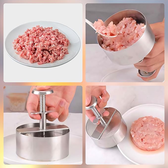 Owfeel Burger Meat Press, 304 Stainless Steel 4.5inch Adjustable Hamburger Patty Maker, Non-Stick Hamburger Press for Kitchen BBQ Grill