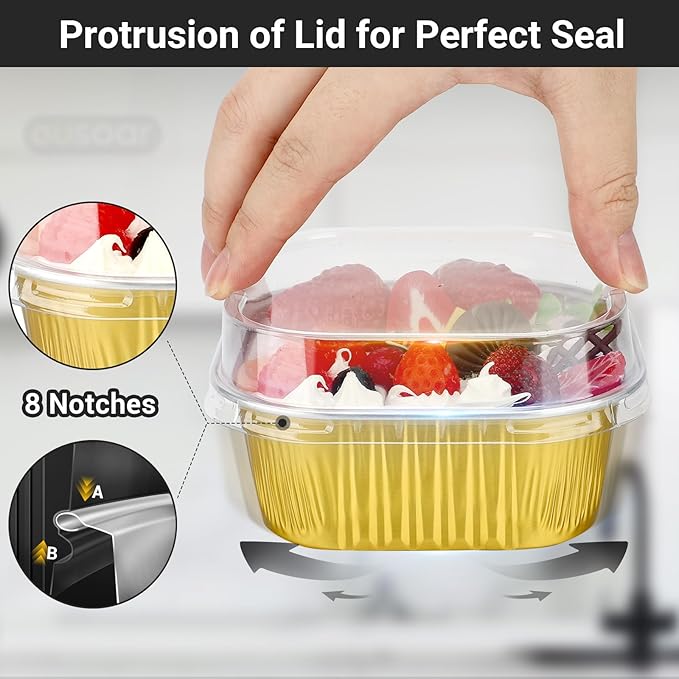 EUSOAR Baking Cups with Lids, 10oz 100pcs Gold Aluminum Foil Oven Loaf Pan Disposable Ramekins Liners for Pie Quiche Flan Soufflé Creme Brulee, Cake Pan Custard Cups Set for Dinner Wedding Banquets