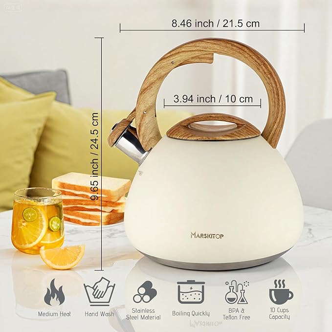 MARSKITOP Tea Kettle Tea Pot for Stove, 2.6 Quart Loud Whistling Teapot for Stovetop, Food Grade Stainless Steel Water Kettle Stovetop with Anti-Hot Handle, Cream White
