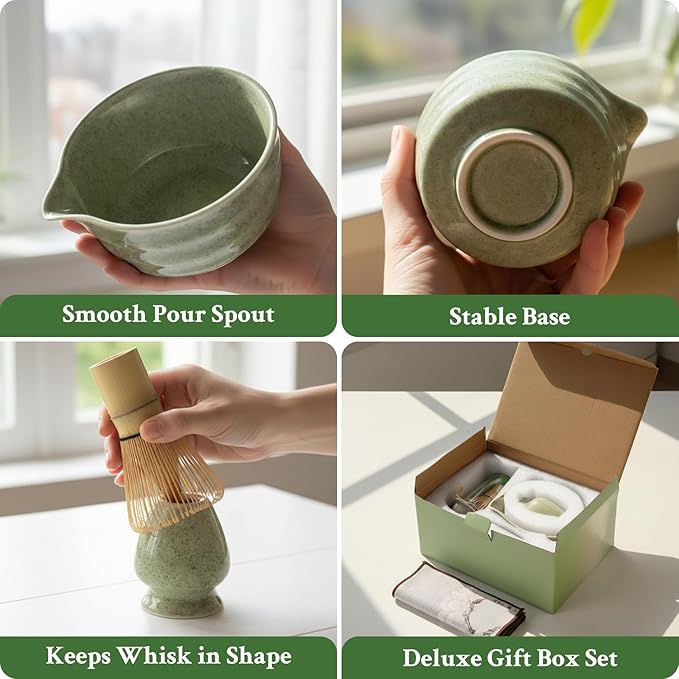 Matcha Set Whisk and Bowl with Spout and Measuring Spoon, Japanese Ceremony Matcha Tea Making Tools (Green)