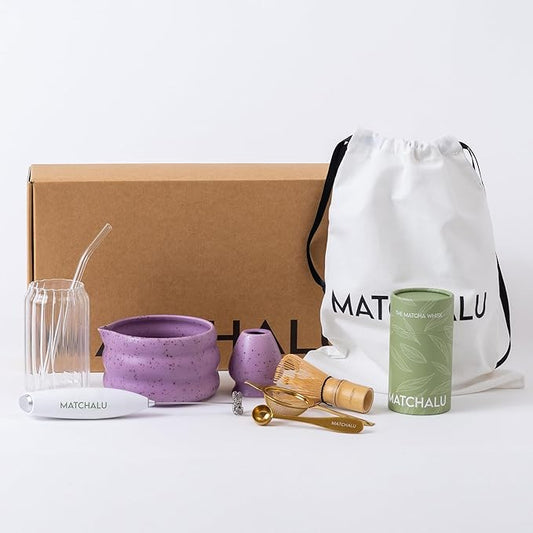 Matcha Whisk Set With Ceramic Matcha Bowl, Bamboo Whisk & Holder, Stainless Steel Spoon & Sifter, Glass Cup & Straw, Electric Frother, Storage Bag - Gift for Matcha Lovers (Premium 9-Piece Set Purple)