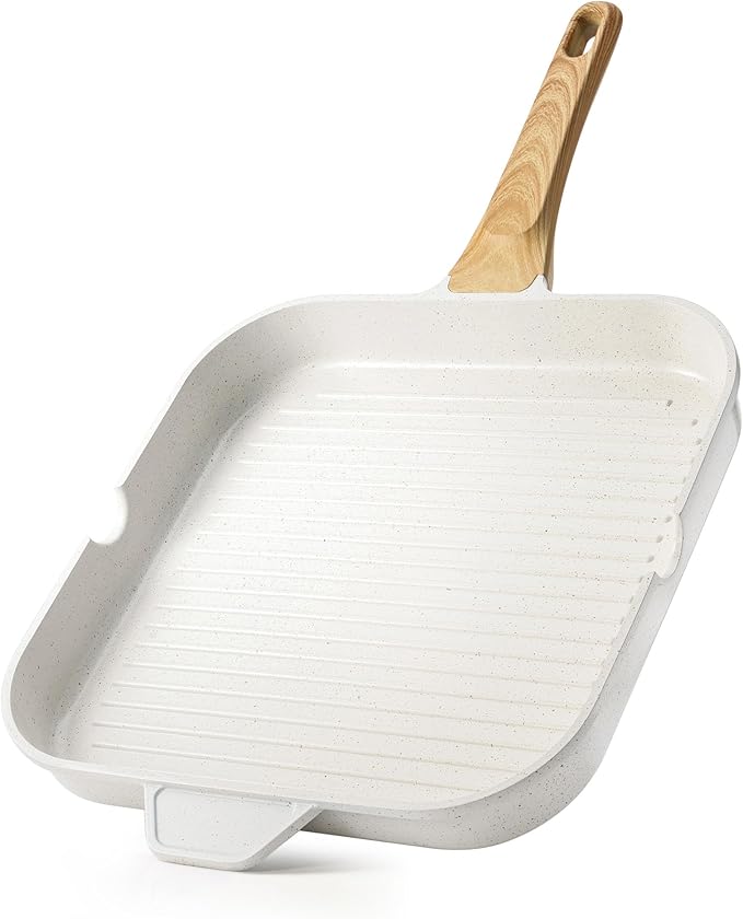 SENSARTE Nonstick Ceramic Grill Pan for Stove Tops, Square Grilling Pan with Pour Spouts, Non Toxic Durable Grill Skillet for All Stoves(Gas,Electric,Induction) PTFE,PFAS,PFOA Free, 12Inch (White)