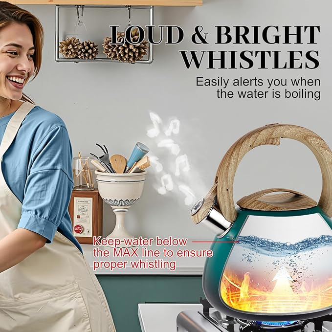 MARSKITOP Tea Kettle Teapot for Stovetop, 2.6 Quart Stainless Steel Tea Pot for Stove, Stove Top Whistling Tea Kettle with Anti-Hot Handle, Suitable for All Heat Sources, Green
