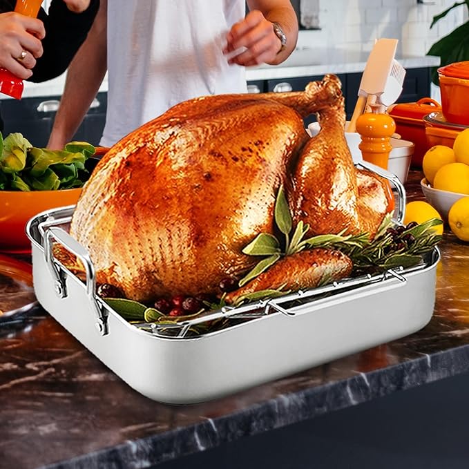 16.5inch Roasting Pan with V-Shape Rack - Stainless Steel Large Turkey Roaster Pan for Turkey, Chicken, Ham Roaster with V-Shaped Baking Rack Heavy Duty Dishwasher Safe, Hold up to 22LB