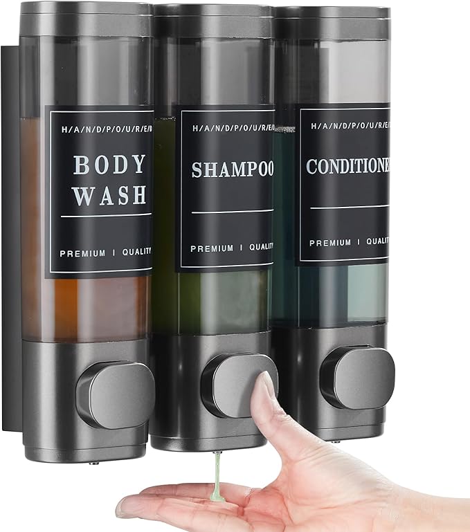Shampoo and Conditioner Dispenser,Unisense Shower Soap Dispenser 3 Chamber No Drill Wall-Mounted Shampoo Dispenser for Shower Wall Mounted Shower Dispenser for Bathroom Hotel Large Capacity,Dark Gray