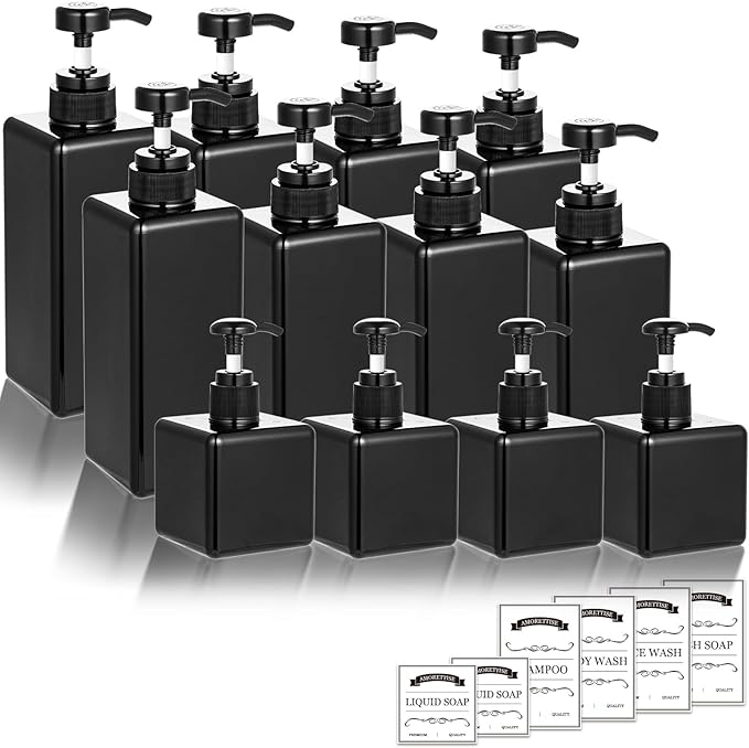 12 Pack Shampoo and Conditioner Dispenser Bottles, 8 Pack 22 Oz and 4 Pack 8 Oz Refillable Square Plastic Pump Bottles for Dispensing Lotions, Shampoo, Conditioner, Body Wash (Black)