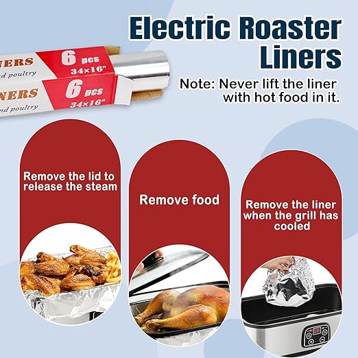 6 Foil Electric Roaster Liners, Disposable, Roaster Liners Fits 16, 18, and 20 Quart Electric Griddles, Ideal for Roasting Meats and Poultry, Food Grade Aluminum Foil, Instant Clean Up
